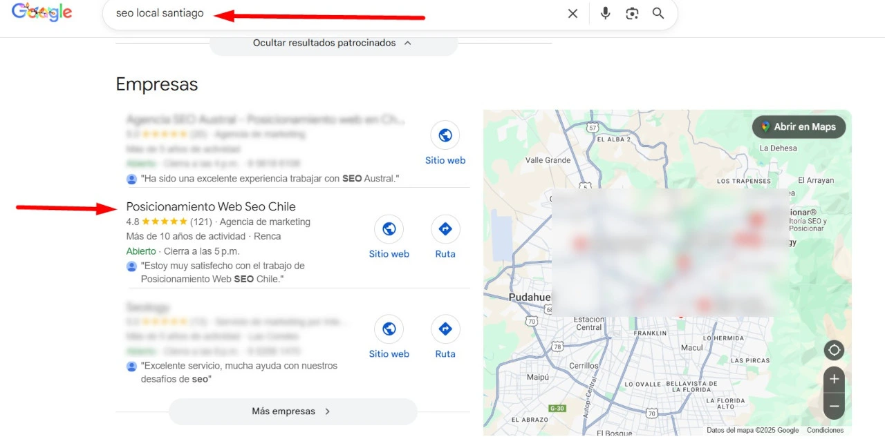 Ejemplo de Local Pack en Google Maps