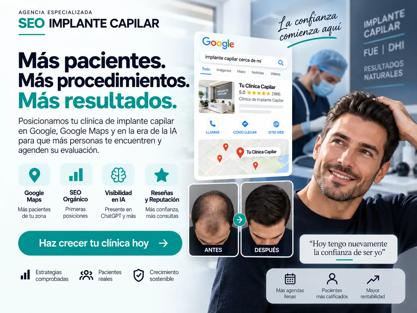 Especialista en implante capilar analizando el posicionamiento SEO y la captación de pacientes de su clínica