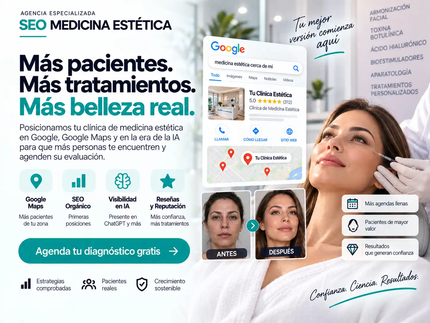 Médico estético analizando el posicionamiento SEO y la captación de pacientes de su clínica